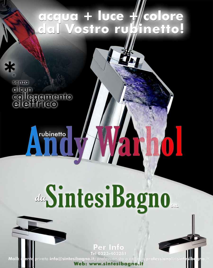 Rubinetto Miscelatore con luce colorata ANDY WARHOL | Rubinetto miscelatore con luce colorata - E' un oggetto in grado di evocare le forti sensazioni della natura ... un flusso di energia a "portata di mani" da regalare a se stessi! Grazie a una nuova tecnologia, l'acqua che scorre da Andy assume un colore diverso in relazione alla temperatura del fluido! ROSSO acqua calda, VIOLA acqua tiepida, BLU acqua fredda,! E tutto questo spettacolo senza alcun collegamento elettrico!